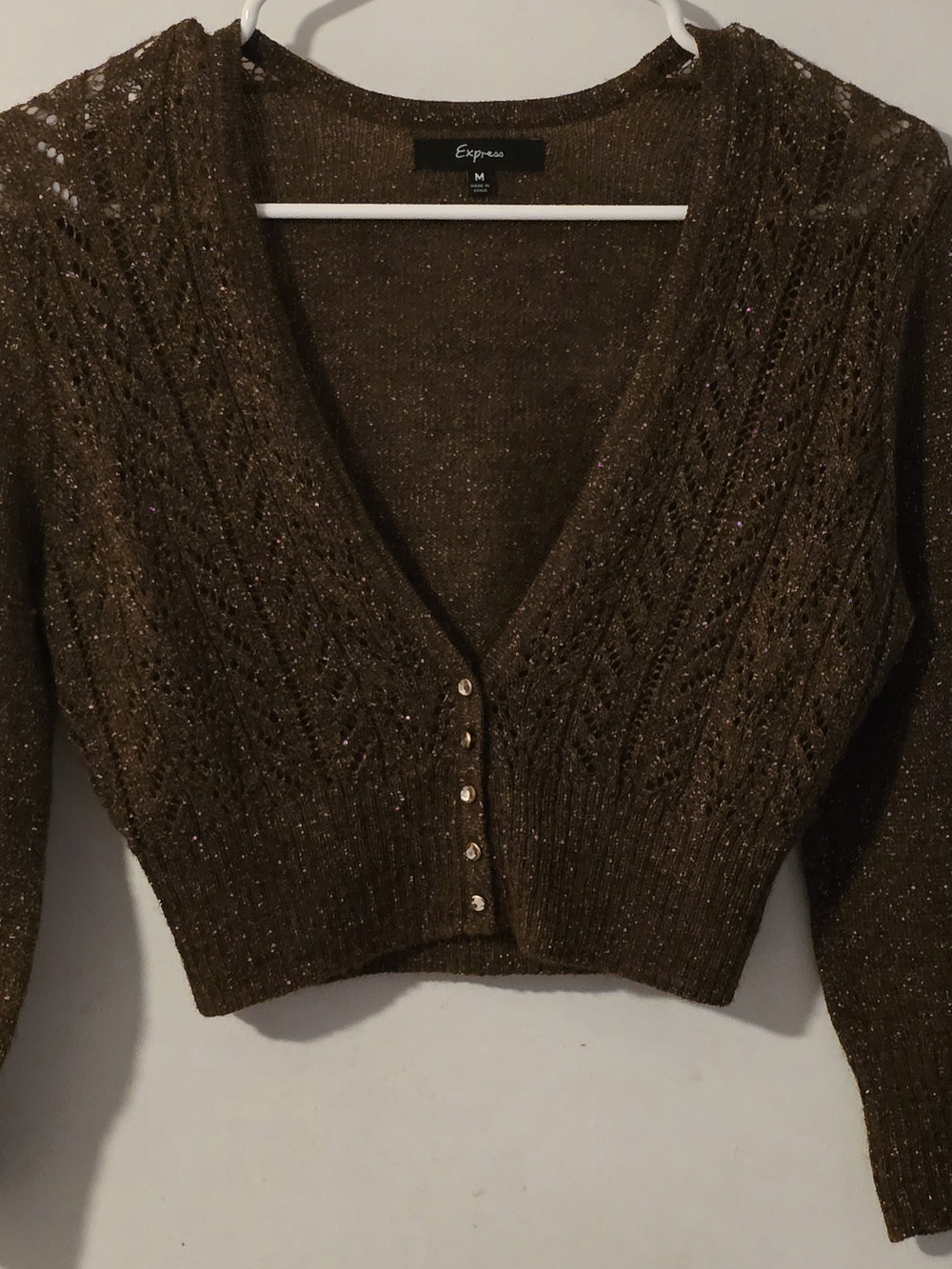 Express Women's Brown Sparkle V-Neck Cropped Button Cardigan
